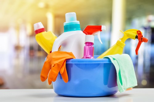 Staff sorting reusable cleaning materials at a Fulham carpet cleaning job
