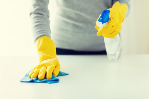Cleaner tidying a modern flat in Fulham