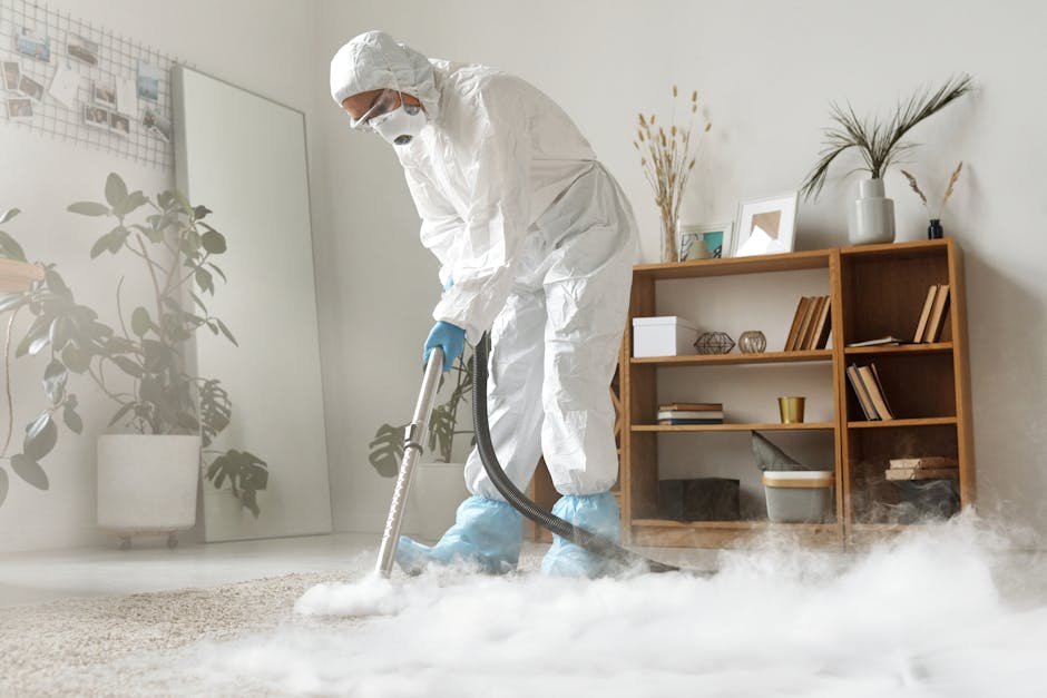 A person using a vacuum cleaner with a yellow canister and a black hose to deep clean a floral-patterned carpet in a residential setting. The individual is wearing beige shoes, jeans, and a beige jacket, and is standing on a large, ornate rug with a cream background and muted green, orange, and beige floral motifs. The room is well-lit, and the carpet appears to be in the process of being thoroughly vacuumed by Fulham Carpet Cleaning as part of their domestic cleaning and surface sanitation services. The focus is on the carpet and the cleaning tool, with furniture not visible in the frame.